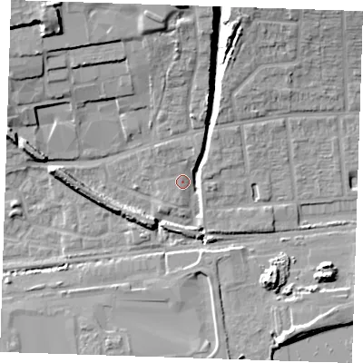 Shaded relief map of the ground around RM204BL, computed from Environment Agency LiDAR. The ground here sits at about 5 m above sea level and falls 18 m across the surrounding 800 m. Surface water reaching this point runs off ground lying to the north-north-east, 3.3 m higher.