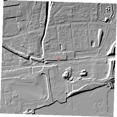 Shaded relief map of the ground around RM204BQ, computed from Environment Agency LiDAR. The ground here sits at about 5 m above sea level and falls 12 m across the surrounding 800 m. The ground contributing surface water to this point lies to the west-south-west.