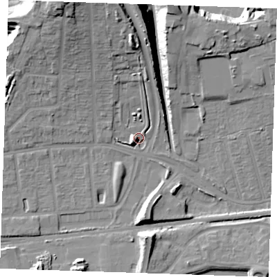 Shaded relief map of the ground around RM204BU, computed from Environment Agency LiDAR. The ground here sits at about 6 m above sea level and falls 26 m across the surrounding 800 m. Surface water reaching this point runs off ground lying to the north, 10.3 m higher.