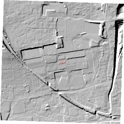 Shaded relief map of the ground around RM204DB, computed from Environment Agency LiDAR. The ground here sits at about 10 m above sea level and falls 24 m across the surrounding 800 m. Surface water reaching this point runs off ground lying to the north-north-east, 1.5 m higher.