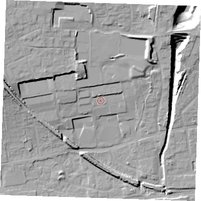Shaded relief map of the ground around RM204DN, computed from Environment Agency LiDAR. The ground here sits at about 10 m above sea level and falls 22 m across the surrounding 800 m. Surface water reaching this point runs off ground lying to the north, 2.5 m higher.