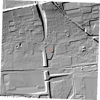 Shaded relief map of the ground around RM204EH, computed from Environment Agency LiDAR. The ground here sits at about 4 m above sea level and falls 19 m across the surrounding 800 m. Surface water reaching this point runs off ground lying to the west, 1.4 m higher.