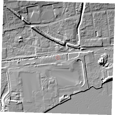 Shaded relief map of the ground around RM204EL, computed from Environment Agency LiDAR. The ground here sits at about 4 m above sea level and falls 10 m across the surrounding 800 m. Surface water reaching this point runs off ground lying to the east, 1.7 m higher.