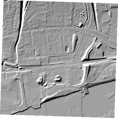 Shaded relief map of the ground around RM204XB, computed from Environment Agency LiDAR. The ground here sits at about 4 m above sea level and falls 14 m across the surrounding 800 m. Surface water reaching this point runs off ground lying to the north-west, 4.1 m higher.