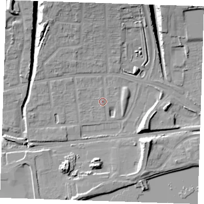 Shaded relief map of the ground around RM204XJ, computed from Environment Agency LiDAR. The ground here sits at about 5 m above sea level and falls 18 m across the surrounding 800 m. Surface water reaching this point runs off ground lying to the north-north-west, 12.4 m higher.