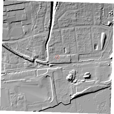 Shaded relief map of the ground around RM204XP, computed from Environment Agency LiDAR. The ground here sits at about 5 m above sea level and falls 15 m across the surrounding 800 m. Surface water reaching this point runs off ground lying to the north-north-west, 2.2 m higher.