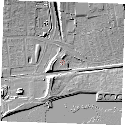 Shaded relief map of the ground around RM204XQ, computed from Environment Agency LiDAR. The ground here sits at about 6 m above sea level and falls 12 m across the surrounding 800 m. Surface water reaching this point runs off ground lying to the south-west, 4.8 m higher.