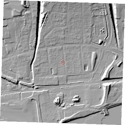 Shaded relief map of the ground around RM204XU, computed from Environment Agency LiDAR. The ground here sits at about 5 m above sea level and falls 17 m across the surrounding 800 m. Surface water reaching this point runs off ground lying to the north-west, 2.4 m higher.