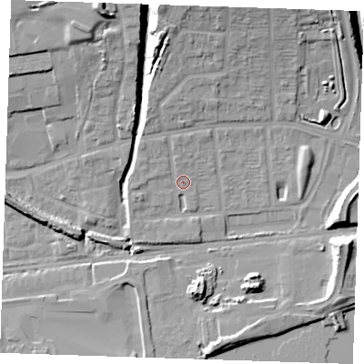 Shaded relief map of the ground around RM204XX, computed from Environment Agency LiDAR. The ground here sits at about 6 m above sea level and falls 17 m across the surrounding 800 m. Surface water reaching this point runs off ground lying to the north-west, 2.2 m higher.