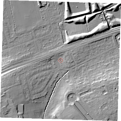 Shaded relief map of the ground around RM25RB, computed from Environment Agency LiDAR. The ground here sits at about 28 m above sea level and falls 16 m across the surrounding 800 m. Surface water reaching this point runs off ground lying to the north-east, 3.4 m higher.