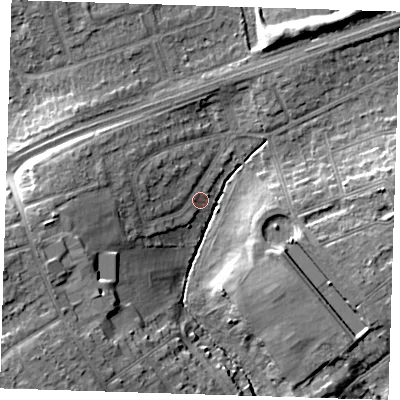 Shaded relief map of the ground around RM25RJ, computed from Environment Agency LiDAR. The ground here sits at about 28 m above sea level and falls 14 m across the surrounding 800 m. Surface water reaching this point runs off ground lying to the west, 8.5 m higher.