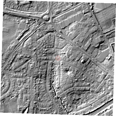 Shaded relief map of the ground around RM26RD, computed from Environment Agency LiDAR. The ground here sits at about 31 m above sea level and falls 7 m across the surrounding 800 m. Surface water reaching this point runs off ground lying to the east-north-east, 2.5 m higher.