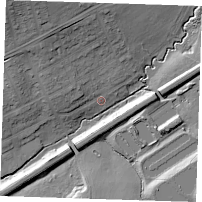 Shaded relief map of the ground around RM30BW, computed from Environment Agency LiDAR. The ground here sits at about 30 m above sea level and falls 30 m across the surrounding 800 m. Surface water reaching this point runs off ground lying to the west-north-west, 7.2 m higher.