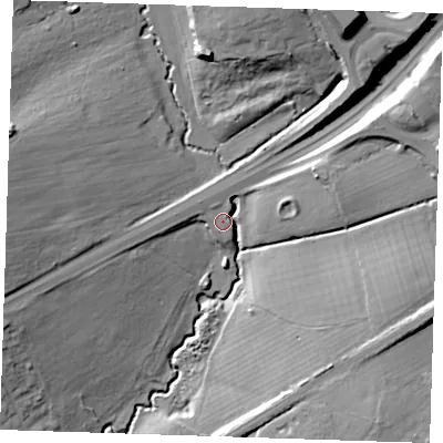 Shaded relief map of the ground around RM30FF, computed from Environment Agency LiDAR. The ground here sits at about 33 m above sea level and falls 21 m across the surrounding 800 m. Surface water reaching this point runs off ground lying to the east-north-east, 9.2 m higher.