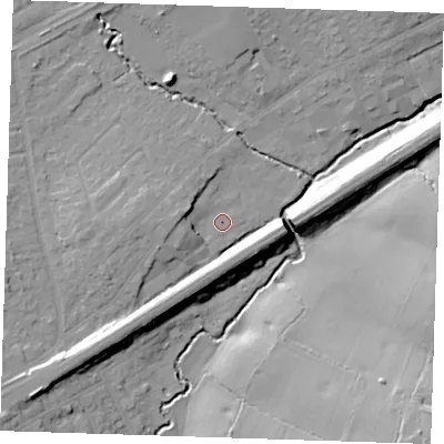 Shaded relief map of the ground around RM30HU, computed from Environment Agency LiDAR. The ground here sits at about 27 m above sea level and falls 22 m across the surrounding 800 m. Surface water reaching this point runs off ground lying to the west, 5.4 m higher.