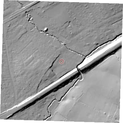 Shaded relief map of the ground around RM30HX, computed from Environment Agency LiDAR. The ground here sits at about 27 m above sea level and falls 21 m across the surrounding 800 m. Surface water reaching this point runs off ground lying to the west-south-west, 5.7 m higher.