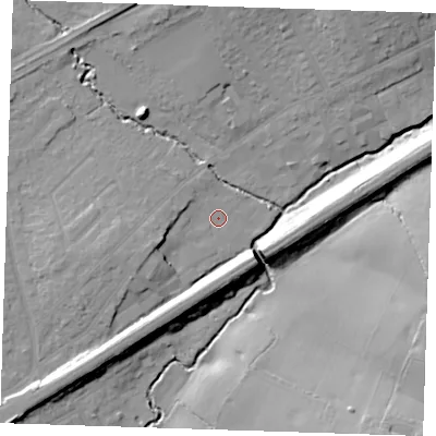 Shaded relief map of the ground around RM30JF, computed from Environment Agency LiDAR. The ground here sits at about 27 m above sea level and falls 20 m across the surrounding 800 m. Surface water reaching this point runs off ground lying to the west-south-west, 5.7 m higher.