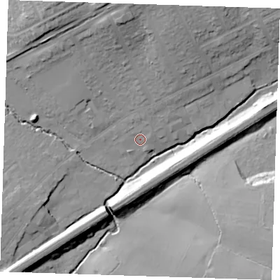 Shaded relief map of the ground around RM30JH, computed from Environment Agency LiDAR. The ground here sits at about 28 m above sea level and falls 21 m across the surrounding 800 m. Surface water reaching this point runs off ground lying to the north-north-east, 2.4 m higher.