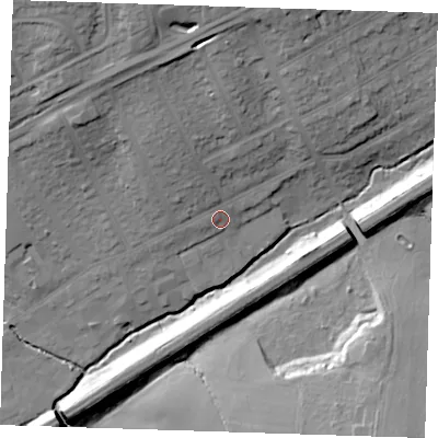 Shaded relief map of the ground around RM30JU, computed from Environment Agency LiDAR. The ground here sits at about 32 m above sea level and falls 25 m across the surrounding 800 m. Surface water reaching this point runs off ground lying to the north-west, 5.5 m higher.