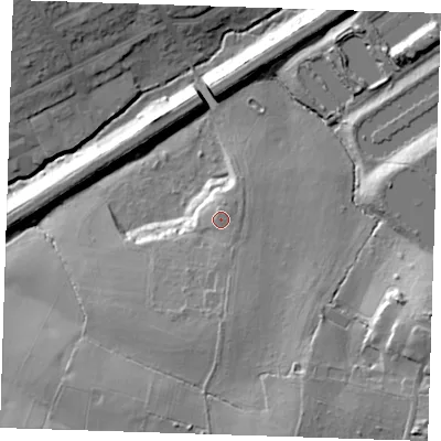 Shaded relief map of the ground around RM30LA, computed from Environment Agency LiDAR. The ground here sits at about 41 m above sea level and falls 31 m across the surrounding 800 m. Surface water reaching this point runs off ground lying to the south, 2.1 m higher.
