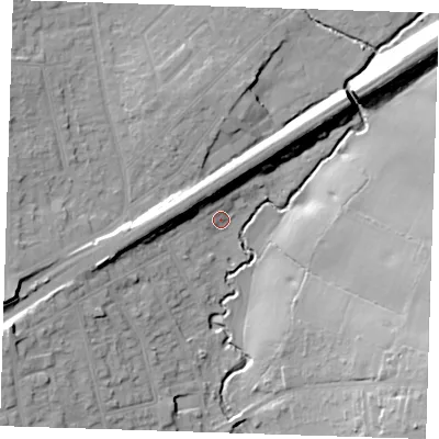 Shaded relief map of the ground around RM30QX, computed from Environment Agency LiDAR. The ground here sits at about 26 m above sea level and falls 22 m across the surrounding 800 m. Surface water reaching this point runs off ground lying to the north-north-west, 9.1 m higher.