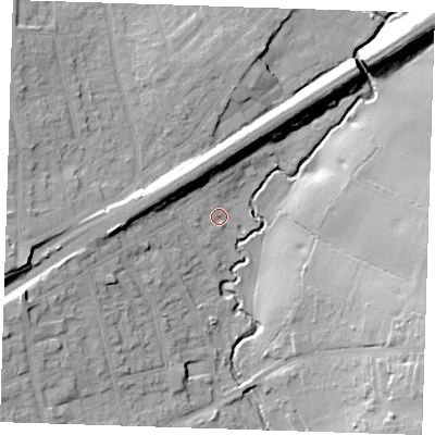 Shaded relief map of the ground around RM30RA, computed from Environment Agency LiDAR. The ground here sits at about 24 m above sea level and falls 21 m across the surrounding 800 m. Surface water reaching this point runs off ground lying to the north, 9.4 m higher.