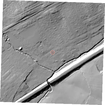 Shaded relief map of the ground around RM30SH, computed from Environment Agency LiDAR. The ground here sits at about 28 m above sea level and falls 21 m across the surrounding 800 m. Surface water reaching this point runs off ground lying to the north, 15.6 m higher.