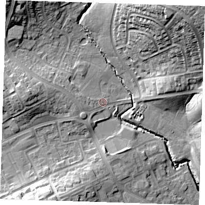 Shaded relief map of the ground around RM39DJ, computed from Environment Agency LiDAR. The ground here sits at about 41 m above sea level and falls 33 m across the surrounding 800 m. Surface water reaching this point runs off ground lying to the west, 3.7 m higher.