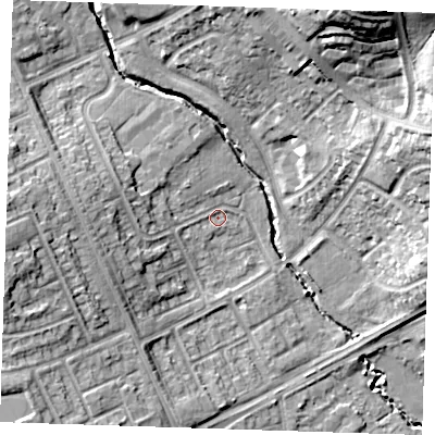 Shaded relief map of the ground around RM39JJ, computed from Environment Agency LiDAR. The ground here sits at about 32 m above sea level and falls 30 m across the surrounding 800 m. Surface water reaching this point runs off ground lying to the west, 11.6 m higher.