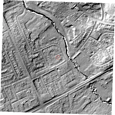 Shaded relief map of the ground around RM39JL, computed from Environment Agency LiDAR. The ground here sits at about 31 m above sea level and falls 28 m across the surrounding 800 m. Surface water reaching this point runs off ground lying to the west, 8.2 m higher.