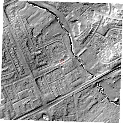 Shaded relief map of the ground around RM39LS, computed from Environment Agency LiDAR. The ground here sits at about 31 m above sea level and falls 26 m across the surrounding 800 m. Surface water reaching this point runs off ground lying to the west-north-west, 8.0 m higher.
