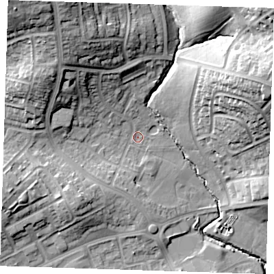 Shaded relief map of the ground around RM39YX, computed from Environment Agency LiDAR. The ground here sits at about 41 m above sea level and falls 32 m across the surrounding 800 m. Surface water reaching this point runs off ground lying to the north-west, 26.3 m higher.