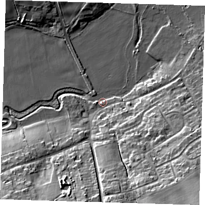Shaded relief map of the ground around RM41BN, computed from Environment Agency LiDAR. The ground here sits at about 24 m above sea level and falls 22 m across the surrounding 800 m. Surface water reaching this point runs off ground lying to the south-east, 21.5 m higher.