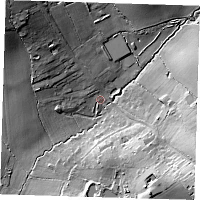 Shaded relief map of the ground around RM41EF, computed from Environment Agency LiDAR. The ground here sits at about 46 m above sea level and falls 31 m across the surrounding 800 m. Surface water reaching this point runs off ground lying to the north-west, 28.6 m higher.