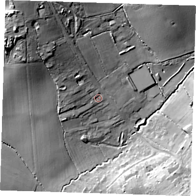 Shaded relief map of the ground around RM41EJ, computed from Environment Agency LiDAR. The ground here sits at about 52 m above sea level and falls 37 m across the surrounding 800 m. Surface water reaching this point runs off ground lying to the west-north-west, 5.2 m higher.