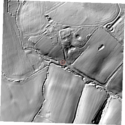Shaded relief map of the ground around RM41EX, computed from Environment Agency LiDAR. The ground here sits at about 49 m above sea level and falls 26 m across the surrounding 800 m. Surface water reaching this point runs off ground lying to the east-north-east, 21.5 m higher.