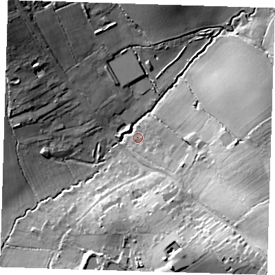 Shaded relief map of the ground around RM41FG, computed from Environment Agency LiDAR. The ground here sits at about 47 m above sea level and falls 31 m across the surrounding 800 m. Surface water reaching this point runs off ground lying to the south-east, 28.5 m higher.