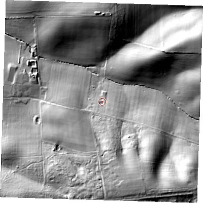 Shaded relief map of the ground around RM41QR, computed from Environment Agency LiDAR. The ground here sits at about 64 m above sea level and falls 59 m across the surrounding 800 m. Surface water reaching this point runs off ground lying to the south-south-east, 22.8 m higher.