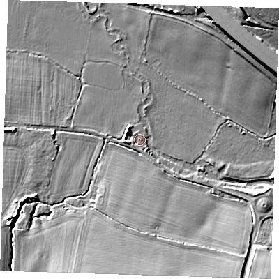 Shaded relief map of the ground around RM41RD, computed from Environment Agency LiDAR. The ground here sits at about 29 m above sea level and falls 15 m across the surrounding 800 m. Surface water reaching this point runs off ground lying to the south, 4.7 m higher.