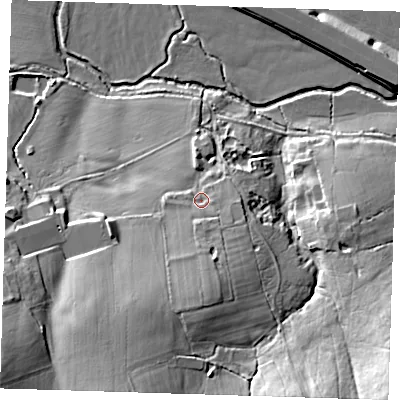 Shaded relief map of the ground around RM41RT, computed from Environment Agency LiDAR. The ground here sits at about 37 m above sea level and falls 25 m across the surrounding 800 m. Surface water reaching this point runs off ground lying to the south, 9.4 m higher.