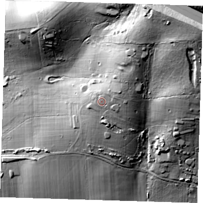 Shaded relief map of the ground around RM41ST, computed from Environment Agency LiDAR. The ground here sits at about 54 m above sea level and falls 44 m across the surrounding 800 m. Surface water reaching this point runs off ground lying to the east-north-east, 5.4 m higher.