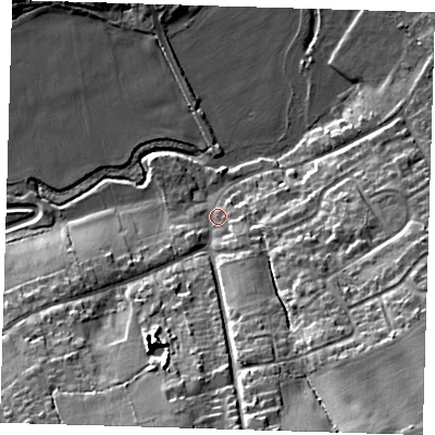 Shaded relief map of the ground around RM41UA, computed from Environment Agency LiDAR. The ground here sits at about 26 m above sea level and falls 24 m across the surrounding 800 m. Surface water reaching this point runs off ground lying to the south-south-east, 18.3 m higher.