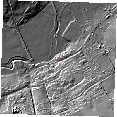 Shaded relief map of the ground around RM41UB, computed from Environment Agency LiDAR. The ground here sits at about 25 m above sea level and falls 23 m across the surrounding 800 m. Surface water reaching this point runs off ground lying to the south-south-east, 17.2 m higher.