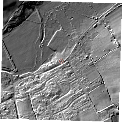 Shaded relief map of the ground around RM41UD, computed from Environment Agency LiDAR. The ground here sits at about 26 m above sea level and falls 21 m across the surrounding 800 m. Surface water reaching this point runs off ground lying to the south-south-east, 11.9 m higher.