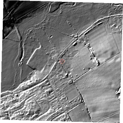 Shaded relief map of the ground around RM41UH, computed from Environment Agency LiDAR. The ground here sits at about 26 m above sea level and falls 21 m across the surrounding 800 m. Surface water reaching this point runs off ground lying to the south-east, 17.9 m higher.