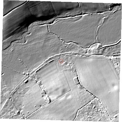 Shaded relief map of the ground around RM41UJ, computed from Environment Agency LiDAR. The ground here sits at about 26 m above sea level and falls 22 m across the surrounding 800 m. Surface water reaching this point runs off ground lying to the south-south-east, 11.5 m higher.