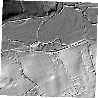 Shaded relief map of the ground around RM41UL, computed from Environment Agency LiDAR. The ground here sits at about 25 m above sea level and falls 24 m across the surrounding 800 m. Surface water reaching this point runs off ground lying to the south-east, 22.1 m higher.