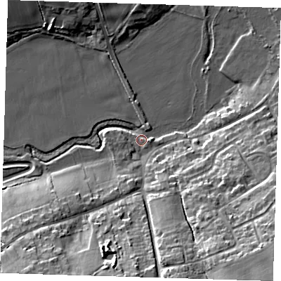 Shaded relief map of the ground around RM41YA, computed from Environment Agency LiDAR. The ground here sits at about 24 m above sea level and falls 21 m across the surrounding 800 m. Surface water reaching this point runs off ground lying to the south-east, 19.9 m higher.