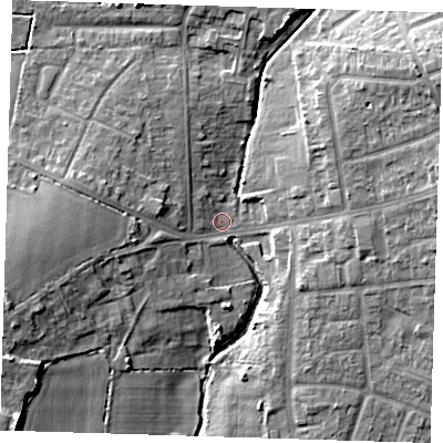 Shaded relief map of the ground around RM52BD, computed from Environment Agency LiDAR. The ground here sits at about 25 m above sea level and falls 13 m across the surrounding 800 m. Surface water reaching this point runs off ground lying to the west-north-west, 6.8 m higher.