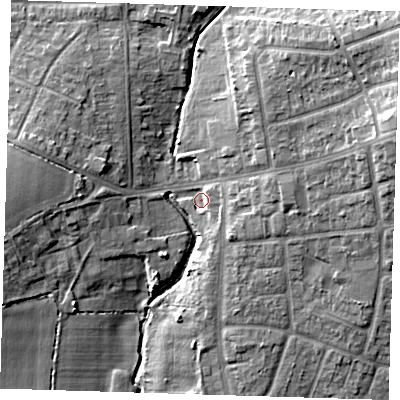 Shaded relief map of the ground around RM52BE, computed from Environment Agency LiDAR. The ground here sits at about 24 m above sea level and falls 15 m across the surrounding 800 m. Surface water reaching this point runs off ground lying to the south-south-east, 2.9 m higher.